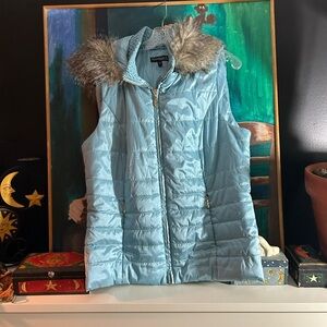 Conrad C Collection Sky Blue Vest with Faux Fur Hood Trim 12 Y2K